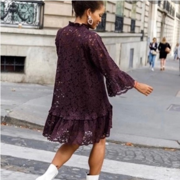 H & M Burgundy Lace Overlay Ruffle Flounce Dress SZ L - Picture 3 of 13